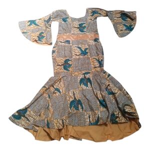 Blue and Tan Fit and Flare Formal Dress with Bell Sleeves